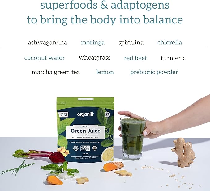 Organifi Green Juice - Organic Superfood Powder - 180-Day Supply - Organic Vegan Greens - Helps Decrease Cortisol - Provides Better Response to Stress - Supports Weight Control - Total Body Wellness
