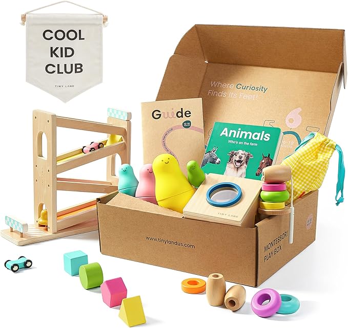 Tiny Land Montessori Toy Set for Baby 16-18 Months Adventure Play Kit - 7-in-1 Ramp Race Track, Shape Sorting and Color Matching Box, Lacing Beads Set, Silicone Nesting Dolls, Animals Board Book