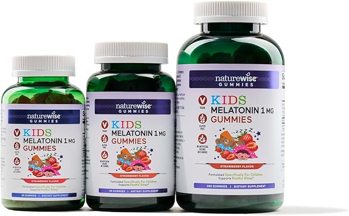 Naturewise Kids Melatonin Gummies 1 mg - Drug-Free, Non-Habit Forming Sleep Aid for Children Ages 4 & Up - Strawberry Flavored Gummy Bears - Vegan, Gluten Free, Non-GMO - 90 Count[3-Month Supply]
