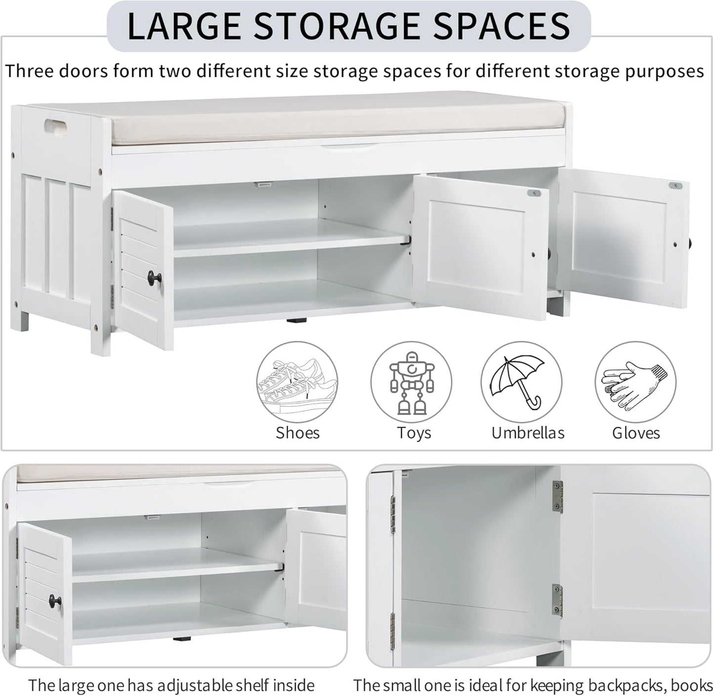 Storage Bench with 3 Shutter-Shaped Doors, Pine Wood Shoe Bench with Removable Cushion and Hidden Storage Space for Living Room, Entryway 43.5" L x 16" W x 18" H (White)