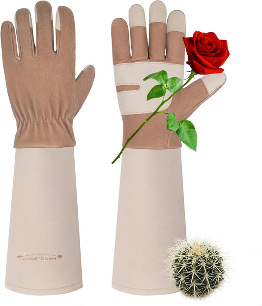 HANDLANDY Long Gardening Gloves for Men & Women, Thorn Proof Rose Pruning Gloves Leather Gauntlets Garden Glove Yard Work Glove (Large, Brown)