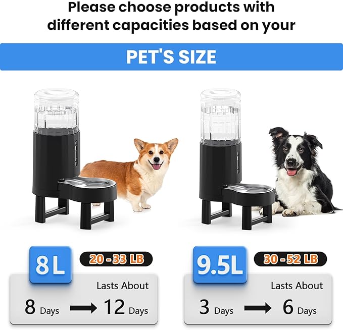 CZPET Elevated Dog Water Bowl Dispenser for Large Dogs,8L Tall Raised Pet Waterer Stand,Relieve Neck Pressure,Large Capacity and Drinking Area Noise-Free for Pets (8L+Stand,Black)