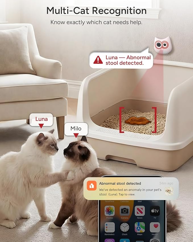 Litter Box Camera – AI Cat Health Monitoring, Records Toileting Behavior, UTI/Diarrhea Abnormal Alerts, Fits Automatic & Standard Litter Boxes, Multi-Cat Support, Night Vision Cat Cam (Pink)