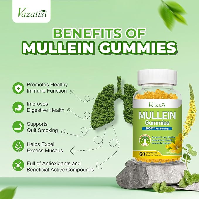 Mullein Gummies, Mullein Leaf Extract with Bromelain, Quercetin, Pine Bark Support Lung Cleanse for Healthy Breathing, 120ct