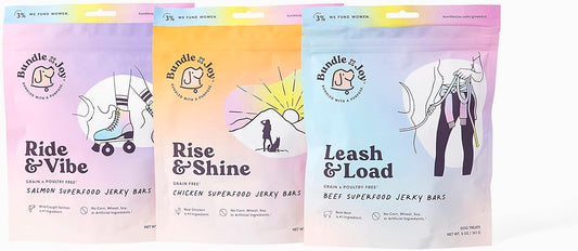 Bundle x Joy Dog Treats Jerky Snack Bars, Variety 3-16 oz Bags, Puppy & Dog Training Treats, Natural Superfood Grain Free Treat, Real Salmon, Chicken, Beef, Superfoods, Corn & Soy Free