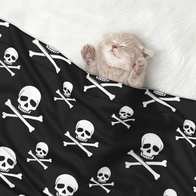Double Sided Plush Pet Blanket for Small Large Animals, Skull and Crossbones, Reversible Throw with Dimpled Dot Side and Flat Side for Kennels Living Rooms