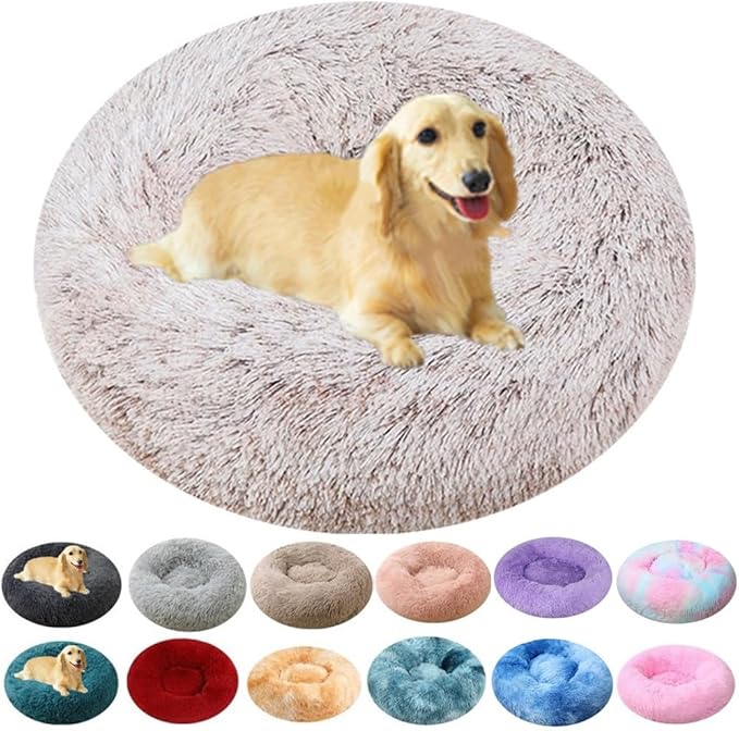 Calming Donut Dog & Cat Bed, 36 Inch Round Fluffy Dog Beds for Small Medium Large Dogs and Cats Anti-Anxiety, Puppy Bed, Washable Round Cozy Soft Pet Bed (Coffee White)