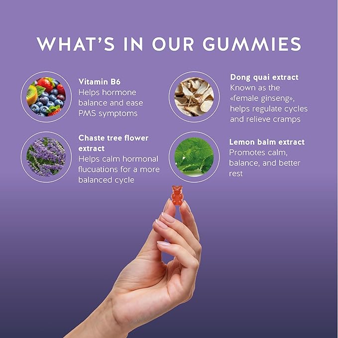 PMS Support Supplement for Women. Menstrual Relief Gummies to Target Hormonal Breakouts, Bloating, Period Cramps, & Mood Swings. Vegan, with Vitamin B6 & Lemon Balm, 90 Gummies