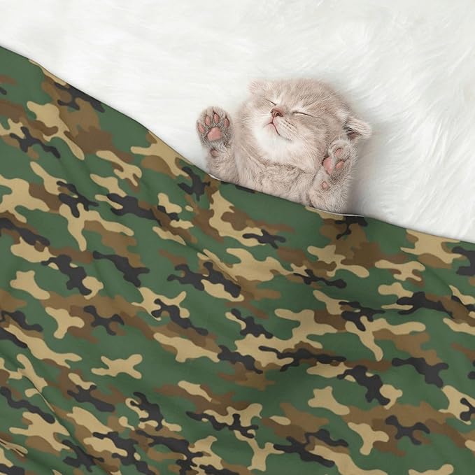 Double Sided Pet Bed Blanket for Added Cushion Warmth, Green Camouflage Army Camo, Reversible Cover with Textured Dot Surface for Existing Beds Standalone Mat