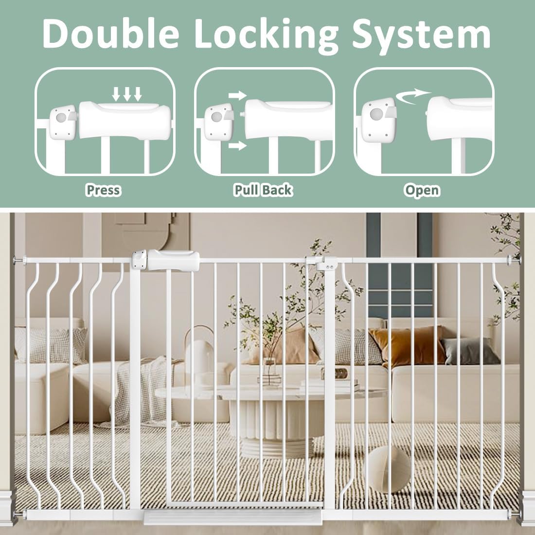 TSAYAWA Walk Through Baby Gate with Door, 62-67 Inch Wide Presure Mounted No Drill Metal Auto Close Child Gate for Stair Doorway - Indoor Outdoor Safty Gate for Toddler Dog Doggie, White