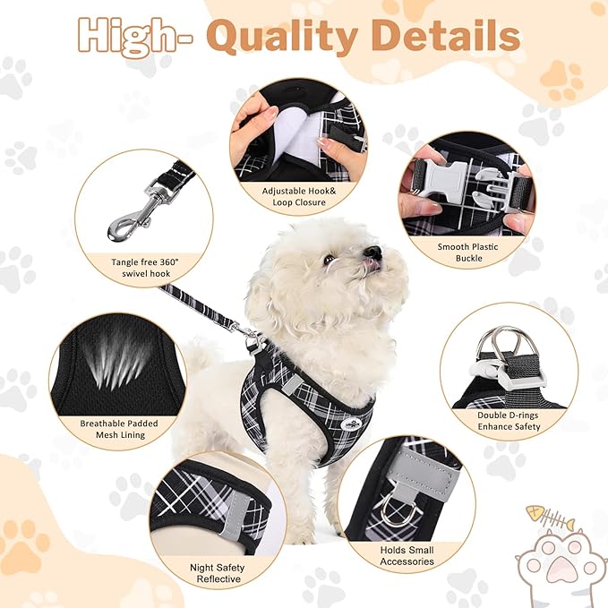 Gyuzh No Pull Cat Harness - 3-in-1 Step in Harness Collar Leash Set for Puppy & Kitten Walking & Training, Lightweight Plaid Vest (Black, M)