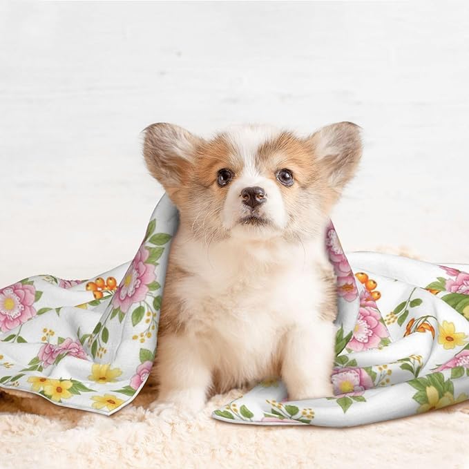 Double Sided Pet Throw for Dogs Who Shed, Colorful Rowan Berries Blossoming Spring Poppies Pattern, Reversible Blanket with Nubby Dot Side Catches Loose Fur for Easier Furniture Cleanup