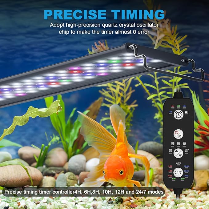 24/7 Mode Led Aquarium Light for Plants Growth-Full Spectrum Fish Tank Light with Timer, Auto On/Off, 7 Colors, Adjustable Brightness, 14W for 12 to 18 Inch Freshwater Tank