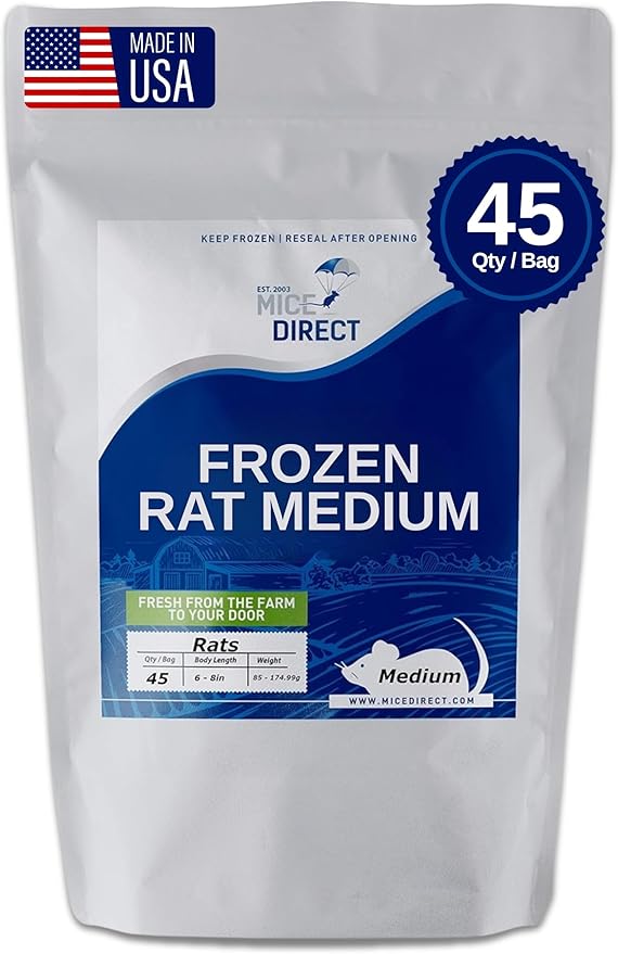 MiceDirect 45 Frozen Rat Medium Feeders Food for Adult Ball Pythons Monitors Lizards and Birds of Prey (6-8 in)(Pack of 45)(3825 Grams Min)