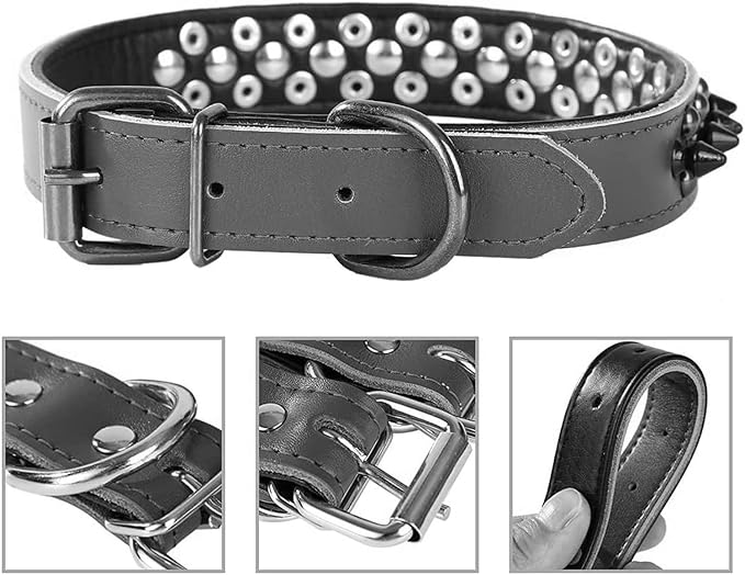 Spiked Studded Dog Collar, Genuine Leather Dog Collar, Adjustable Pet Collars for Medium Large Bulldog Pitbull Mastiff Poodle Boxer (L:37-47cm, Blue-1)
