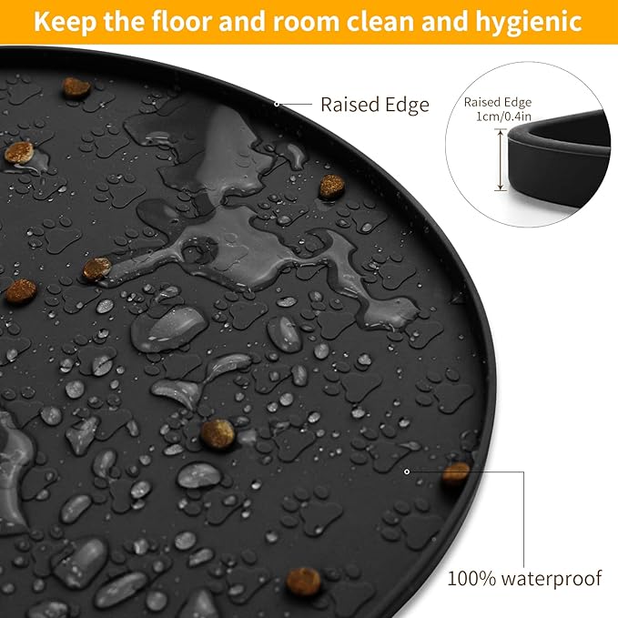KPWACD Pet Feeding Mat for Dogs and Cats, Silicone Dog Placemat Non-Slip Waterproof Bowl Mats Prevent Food and Water Overflow, High-Lips Puppy Dish Tray Mat Suitable for Large Medium Small Pets, Black