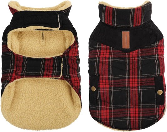 Queenmore Dog Winter Coat Warm Dog Jacket for Cold Weather, Quilting Puffer Plaid Coats for Small/Medium Dogs Waterproof,Girl/Boy Pet Christmas Coat,Pet Snowsuit with Leash Hole/Fleece Padding, XS