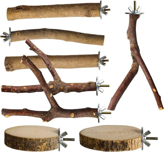 8 Pack Natural Wood Bird Perches Parrot Perch Stand Parakeet Toys Bird Cage Accessories for Budgerigar Cockatiels, Conures