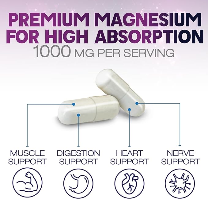 Magnesium Citrate Capsules 1000mg - Max Absorption Magnesium Powder for Muscle, Nerve, Bone and Heart Health Support, High Absorption Citrate Complex, Gluten Free, Non-GMO - 120 Capsules