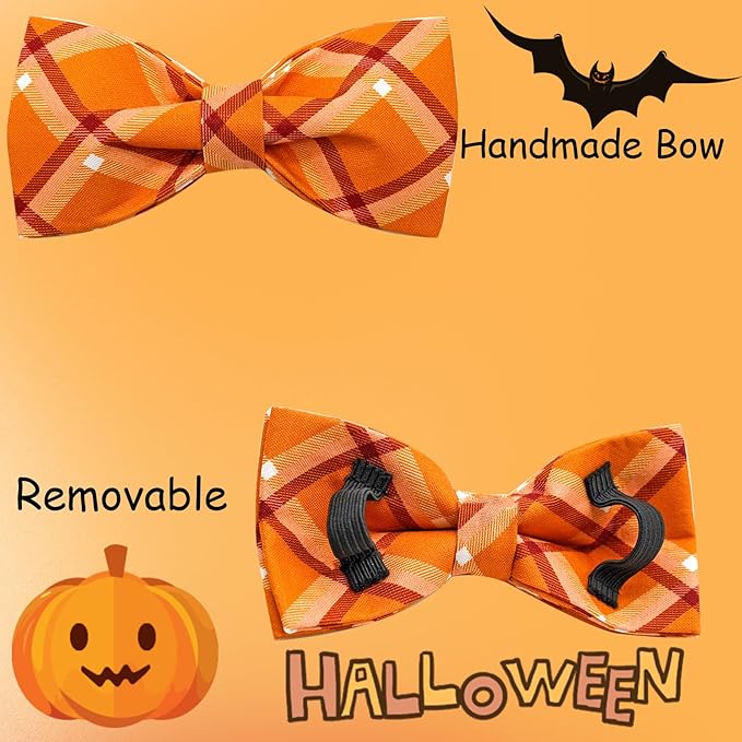 Fall Dog Collar, Pet Collar Bow Orange Plaid Dog Collar Girl Boy Holiday Pet Collar Gift Collars Cute Soft Puppy Collars for Small Dogs