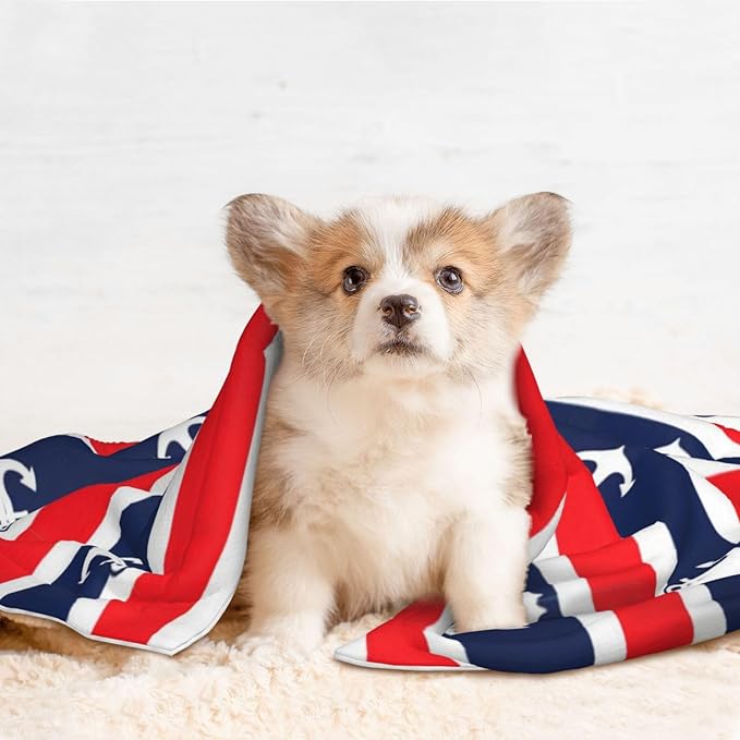 Double Sided Plush Pet Blanket for Small Large Animals, Nautical Anchor Seamless Pattern Blue and Red Stripe, Reversible Throw with Dimpled Dot Side and Flat Side for Kennels Living Rooms