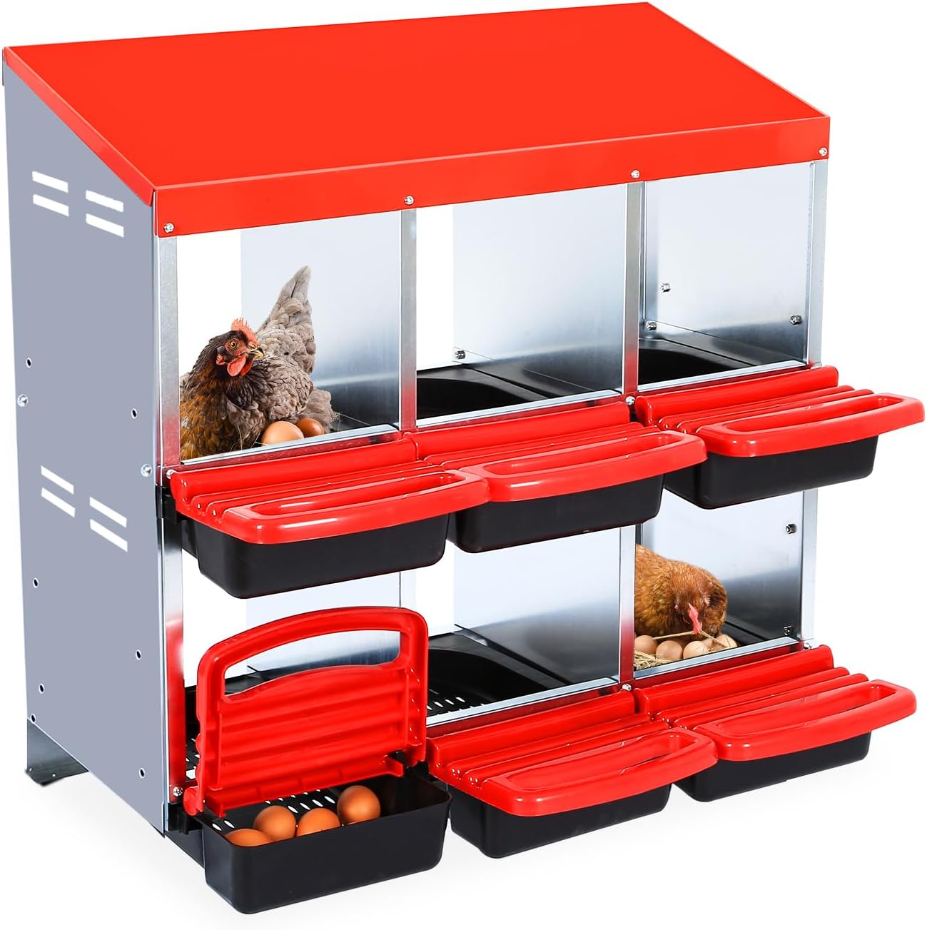 Chicken Nesting Box, 6 Hole 2 Layer Hen Nest Box, Roll Away Eggs Laying Box,Cleanable Pull Out Hen Roosting Box