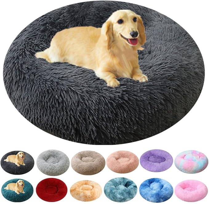 Calming Large Dog Bed Cat Bed, 47 Inch Donut Fluffy Anti-Anxiety Round Bed Washable Cute Bed, Cuddler Warming Cozy Soft Bed, Plush Cushion Bed for Small Medium Dogs and Cats (Dark Grey)