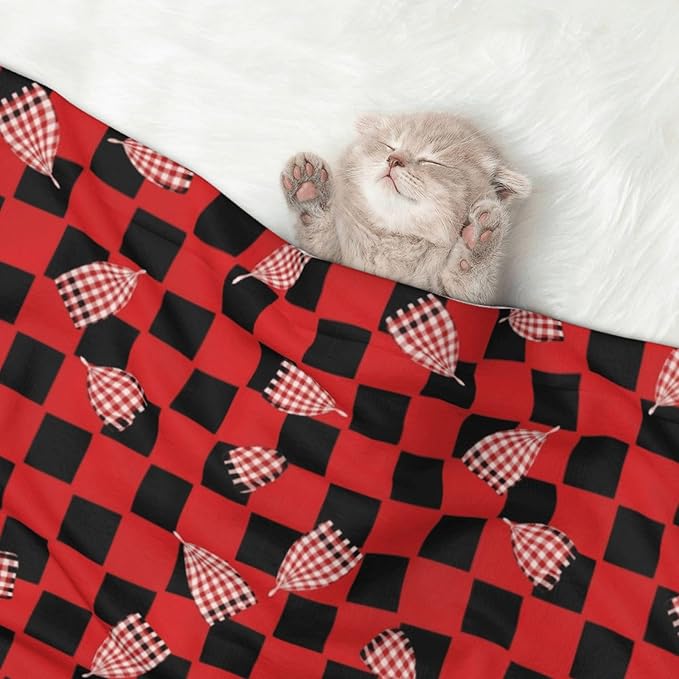 Reversible Plush Throw for Dogs and Cats, Red Black Buffalo Check Plaid Pattern, Double Sided Blanket with Nubby Dot Side and Sleek Side Ideal for Cuddling Nesting Security