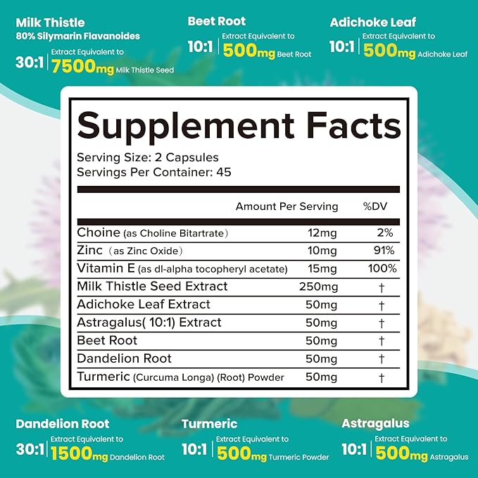 Milk Thistle Supplement - Liver Detox Cleanse Formula Herbal Liver Support with Milk Thistle, Dandelion Root, Artichoke, Turmeric, Astragalus for Liver Health, 90 Capsules-73