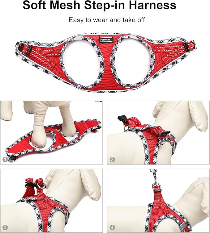 Mercano Soft Mesh Dog Harness and Leash Set, No-Chock Step-in Reflective Breathable Lightweight Easy Walk Vest Harnesses with Safety Buckle for Small Dogs, Cats (Red, XS)