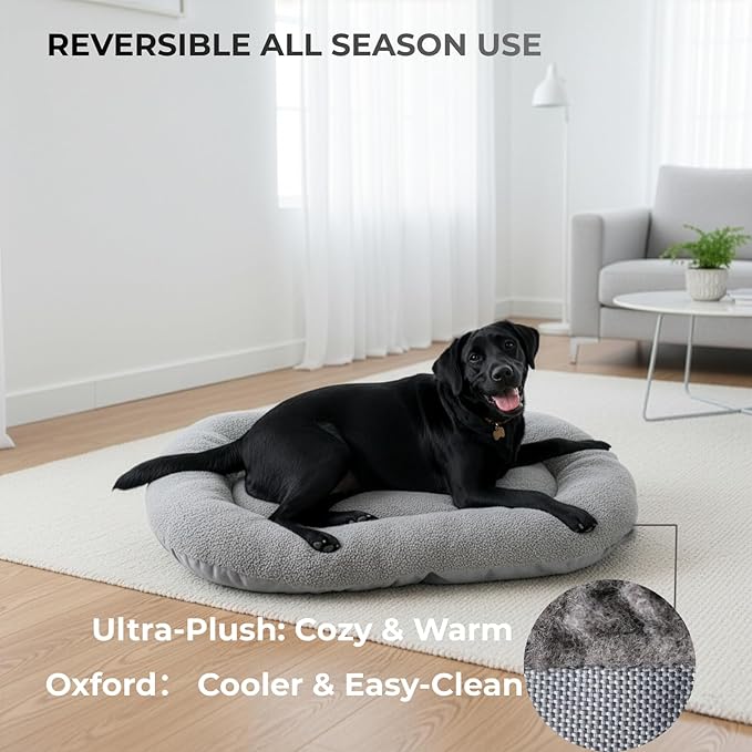 Washable Dog Bed for Large Dogs, Dog Beds Large Sized Dog, Reversible Plush & Oxford Dog Bed for Crates, 3" Thick Cushion Kennel Mat, Machine Washable Non‑Slip Pet Bed, Fits 42 Inch Crates, Grey