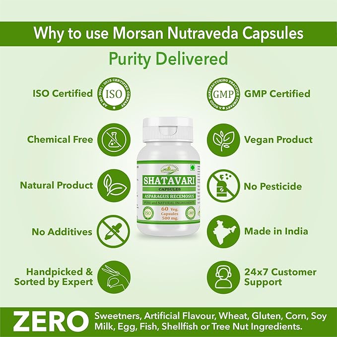 Morsan Shatavari (Asparagus Racemosus) Capsules | Combo Pack of 2 x 60 x 500 mg. Veg. Capsules (2)