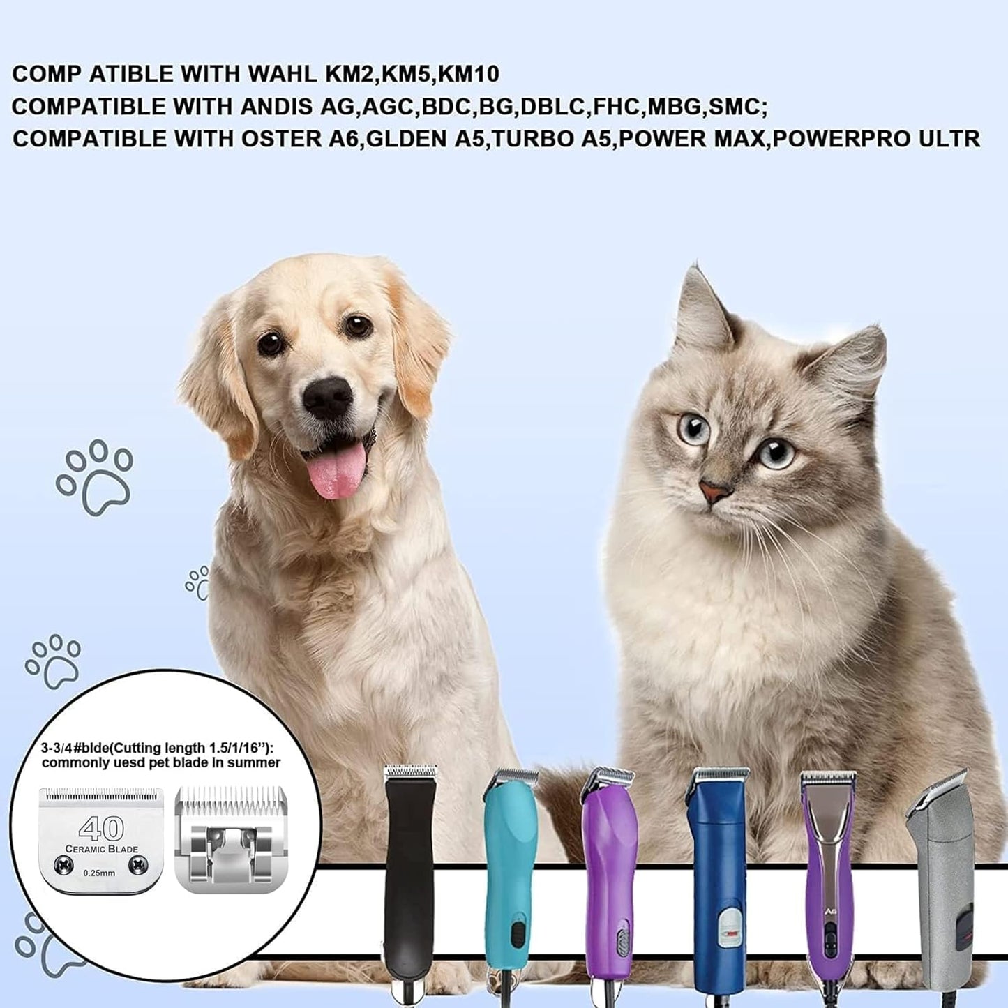 Audoc 3Pcs 40 Blade Dog Grooming Clipper Replacement Blades Compatible with Wahl/Oster Dog Clippers,Detachable Ceramic Blade & Stainless Steel Blade,Size 40 Cut Length 1/100"(0.25mm)