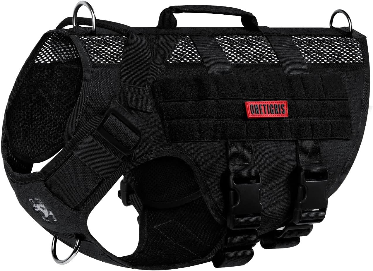 OneTigris No Pull Tactical Dog Harness for Medium Large Dogs, Mesh Design Breathable Military Dogs Molle Vests with Handles, Service Dog Vest Harness for Walking Hiking Training (XL, Black)