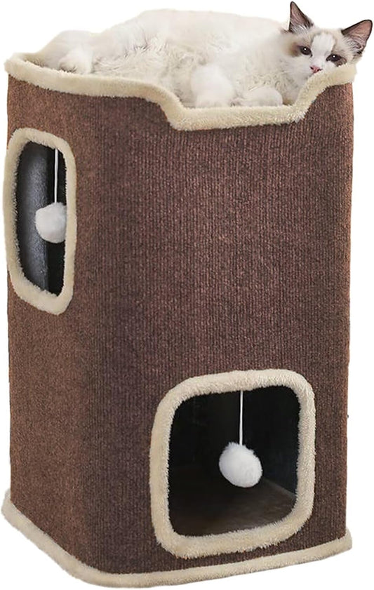 Cat House for Indoor Cats Beds, Multi-Level Cat Condo, Foldable Cave Bed Coffee, 2L