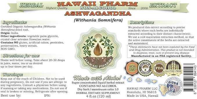 Ashwagandha Alcohol-Free Liquid Extract, Organic Ashwagandha (Withania Somnifera) Dried Root Glycerite Hawaii Pharm Natural Herbal Supplement 32 oz Unfiltered