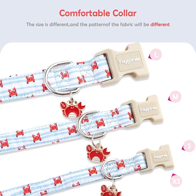 Faygarsle Cute Crab Pattern Dog Collar, Cotton Fabric, Light Blue Stripes, for Small Medium Large Dogs XS