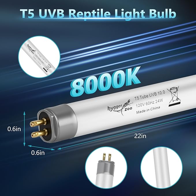 T5 UVB Reptile Light 24W 10.0 + UVA Light Bulb for Reptiles, 2-Pack Lamp Tube for Bearded Dragon, Desert-Grade Reptile UVB lamp Fixture