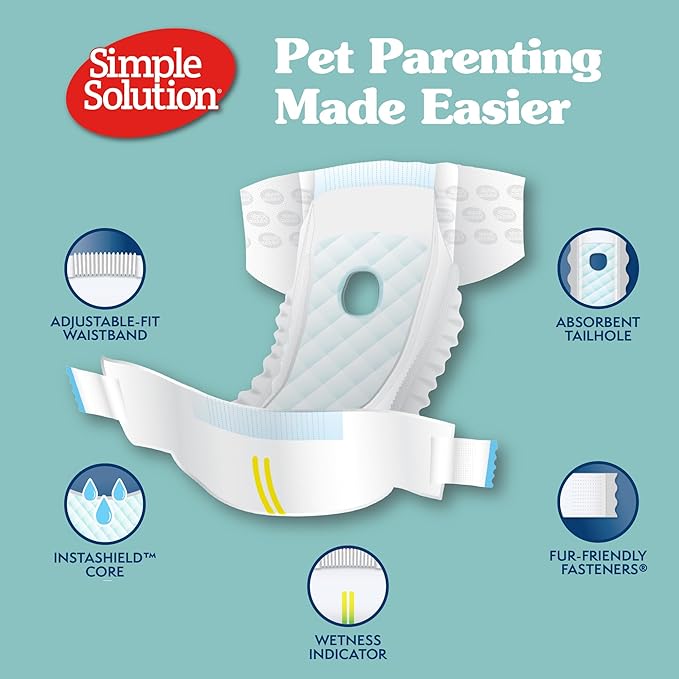 Simple Solution Disposable Female Dog Diapers, Absorbent Leak Proof Protection for Incontinence, Puppy Training, Heat Cycle, Travel, and Housebreaking, Small Dogs, 15–19 Inch Waist, 12 Count