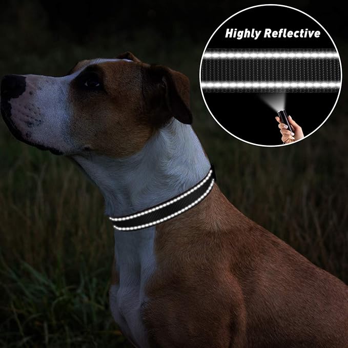 TagME Dog Collars, Adjustable Reflective Nylon Pet Collar with Quick Release Buckle for Medium Dogs, Black, 1.0" Width