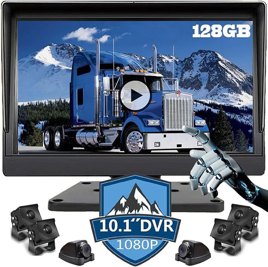 128GB DVR Dash cam Audio 10.1 inch 1080P Backup Camera Monitor & Built-in Recorder for RV Truck Trailer Rear Side Front Reversing View Wired System 4 Split Large Screen Waterproof Avoid Blind Spot