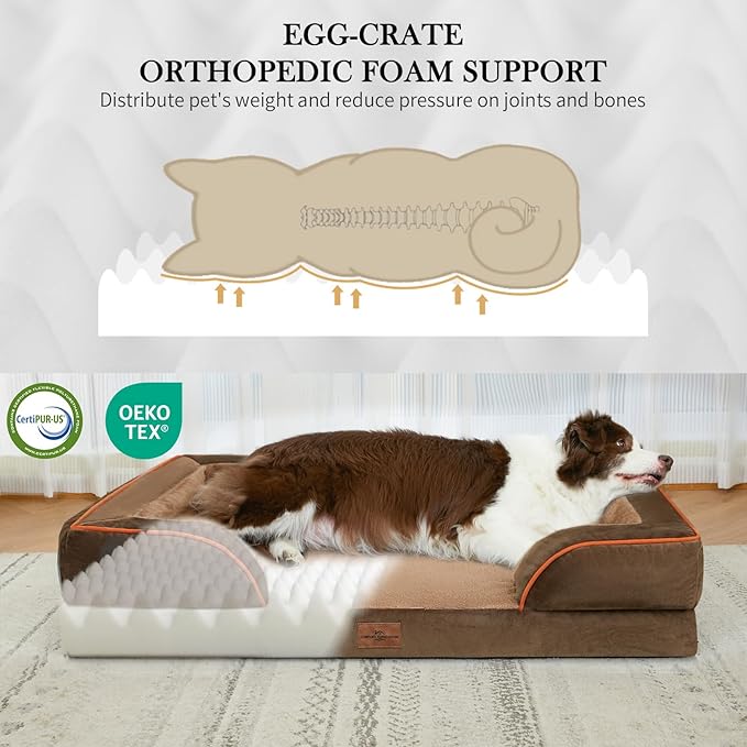 Comfort Expression Orthopedic Dog Bed for Large Dogs 35x22 Inch, Waterproof Supportive Egg Crate Foam Large Pet Bed with Removable Bolsters, Dog Couch with Washable Cover & Non-Slip Bottom, Brown