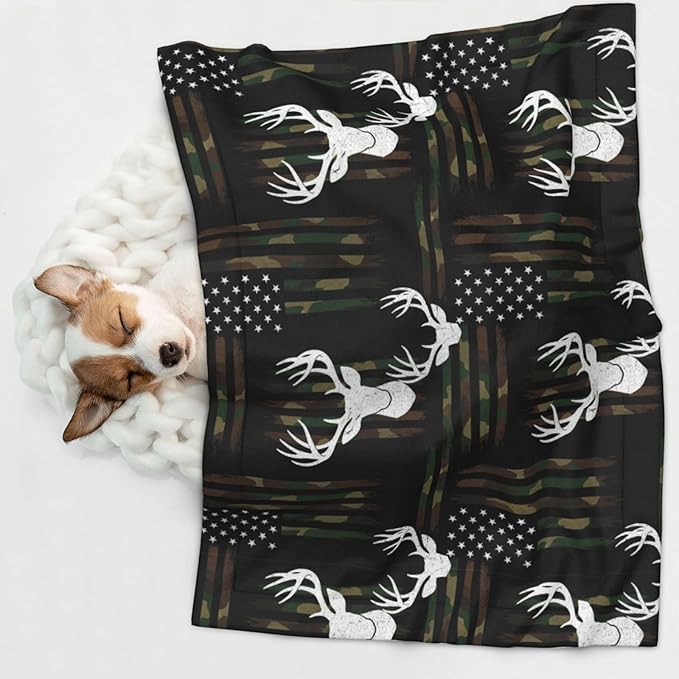 Pet Blanket for Car Rides Vet Visits, Deer Camo Camouflage American Flag Hunting Black, Two Sided Reversible Plush Design with Bumpy Dot Side Offers Comfort Home Piece On Go Travel