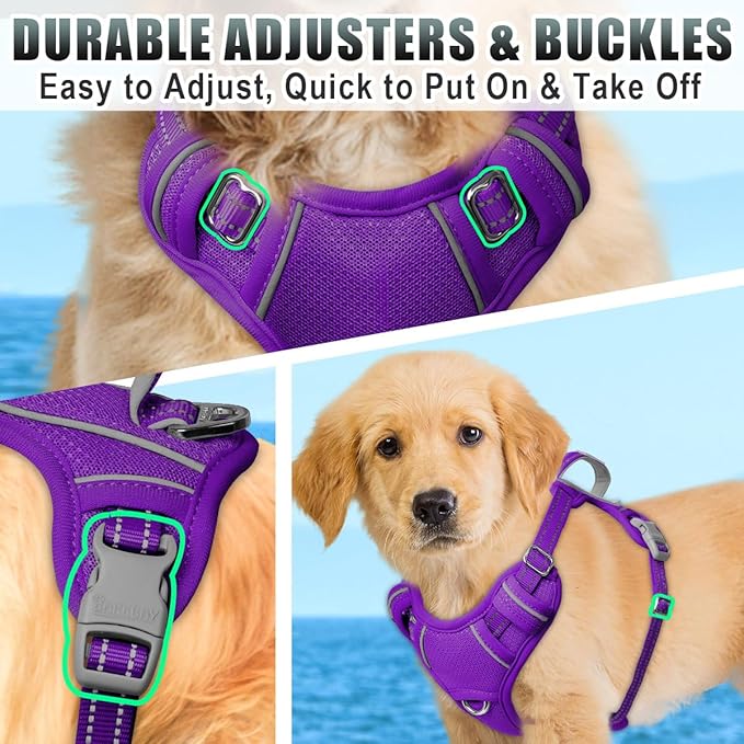 BARKBAY No Pull Dog Harness Large Reflective Dog Harness with Front Clip and Easy Control Handle for Walking Training Running with ID tag Pocket(Purple,S)