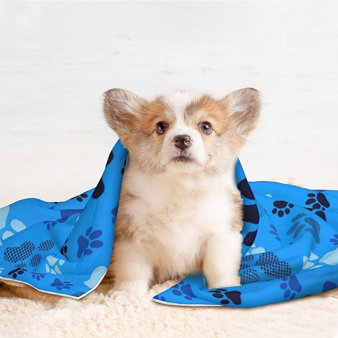 Double Sided Pet Throw for Dogs Who Shed, Blue Puppy Pug Dog Paw Print, Reversible Blanket with Nubby Dot Side Catches Loose Fur for Easier Furniture Cleanup