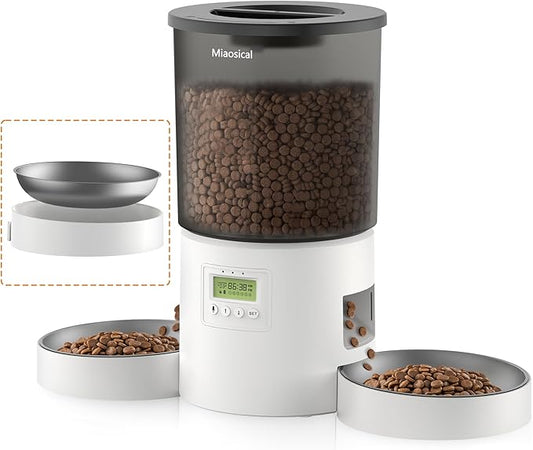 Automatic Cat Feeder for 2 Cats, 4.2L Dual Food Dispenser, Up to 6 Meals/Day, Portion Control, Voice Message, Dual Power Options (Transparent+White, Dual Stainless Steel Bowls)