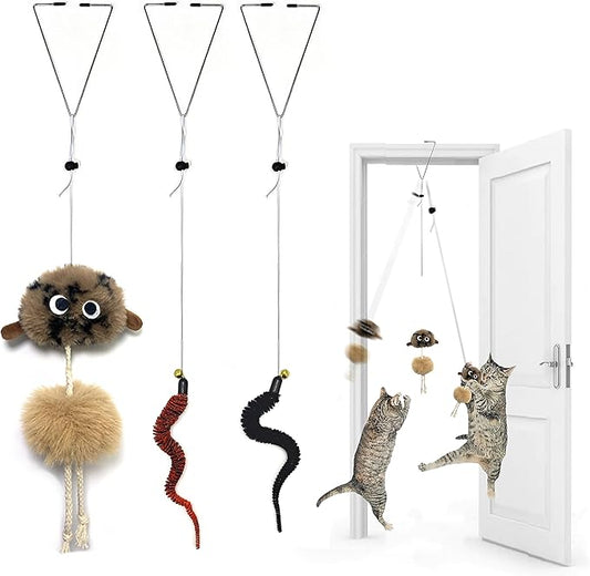 Cat Toys for Indoor Cats,Interactive Door Hanging Cat Toys Attached with Catnip/Feathers/Birds/Worm Toys for Cats/Kitten Toys(3 Pack)