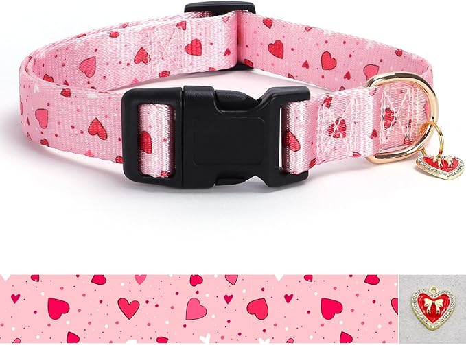 Love Pattern Dog Collar with Buckle Adjustable Safety Nylon Collars for Small Medium Large Dogs, Cute Stylish Girl Boy Christmas Dog Collar(Pink Heart,XL)