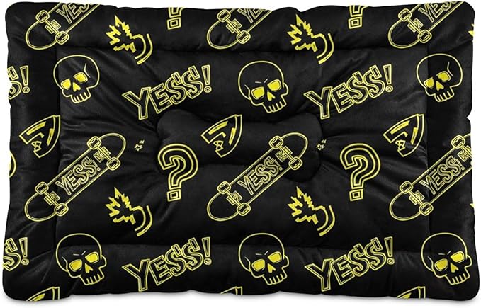 Emelivor Skateboard Skull Black Dog Cat Bed Washable Crate Pet Bed Anti-Slip Rectangle Comfortable Kennel Pads for Small Medium Large Dogs Cats, 24x18in