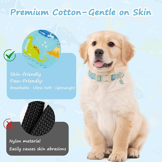 Dinosaur Dog Collar for Small Dogs, Cute Puppy Collars with Quick Release Buckle, Cotton Dog Collars for Small Medium Large Dogs, Fashion Pet Collar for Girl Boy Dog-S